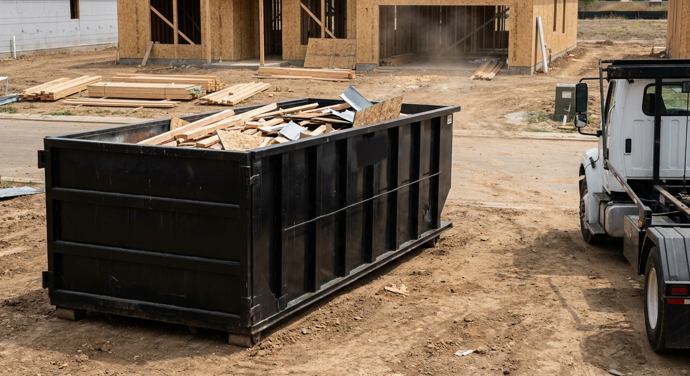 Matte-black 20-yard roll-off construction dumpster with heavy ribbed steel sidewalls and swing rear doors at a working jobsite in Millbrook, sitting directly on compacted dirt with an unmarked white hauler partially visible at the far edge of the frame.