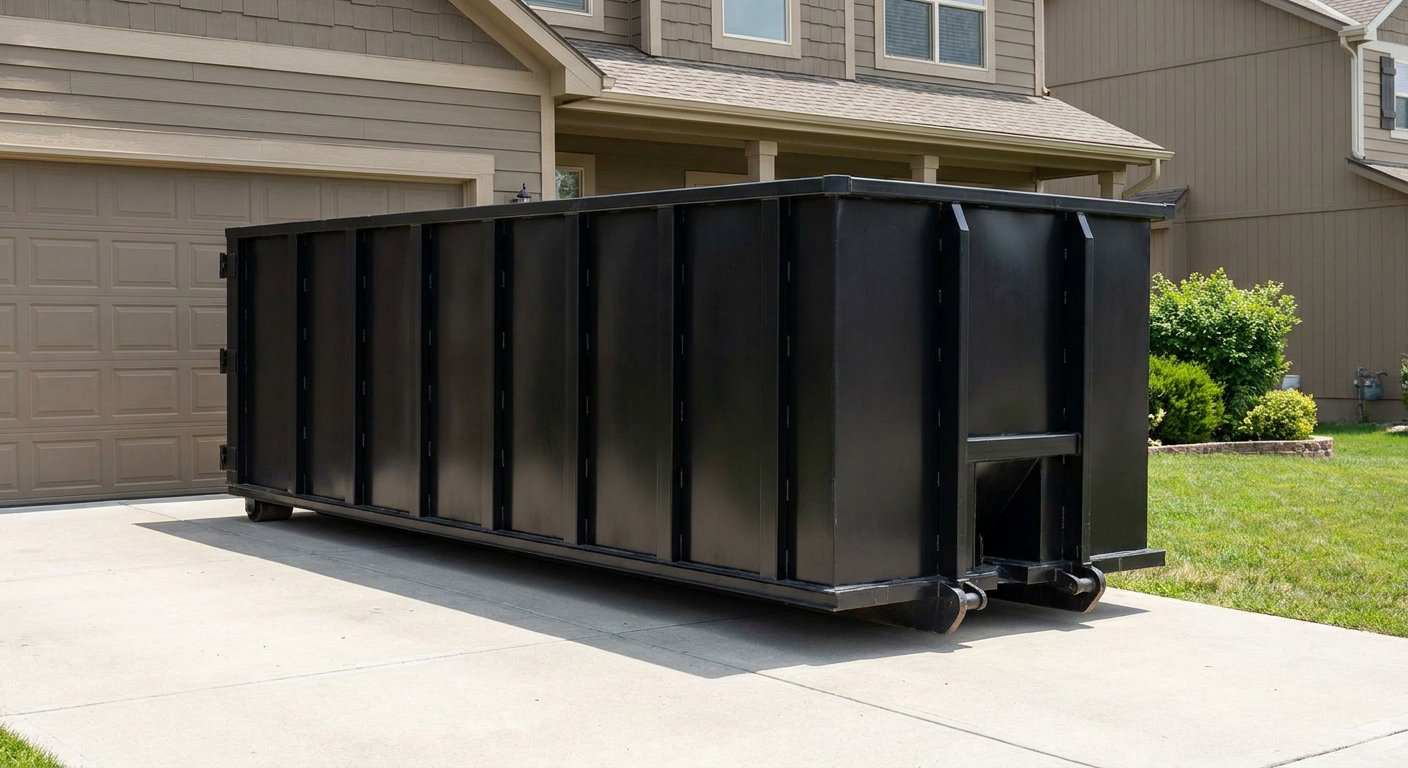 Matte-black residential roll-off dumpster sitting directly on a suburban Millbrook concrete driveway, garage door closed, single-family home in background, bright morning daylight.