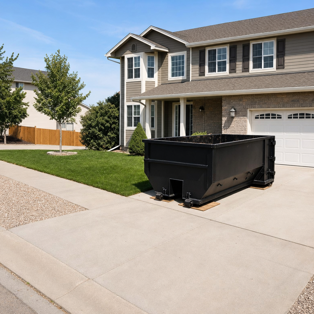 10-yard matte-black residential dumpster placed directly on a narrow Millbrook concrete driveway, room remains for a parked sedan beside it, mid-morning natural light