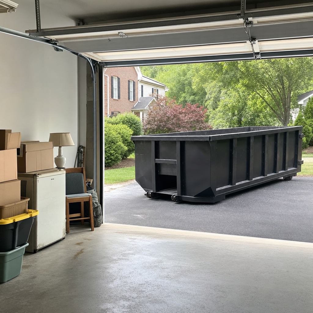 Open garage interior in a Millbrook home mid-cleanout — boxed items, an old appliance, and stacked yard tools queued near the driveway for a matte-black roll-off dumpster, organized and calm