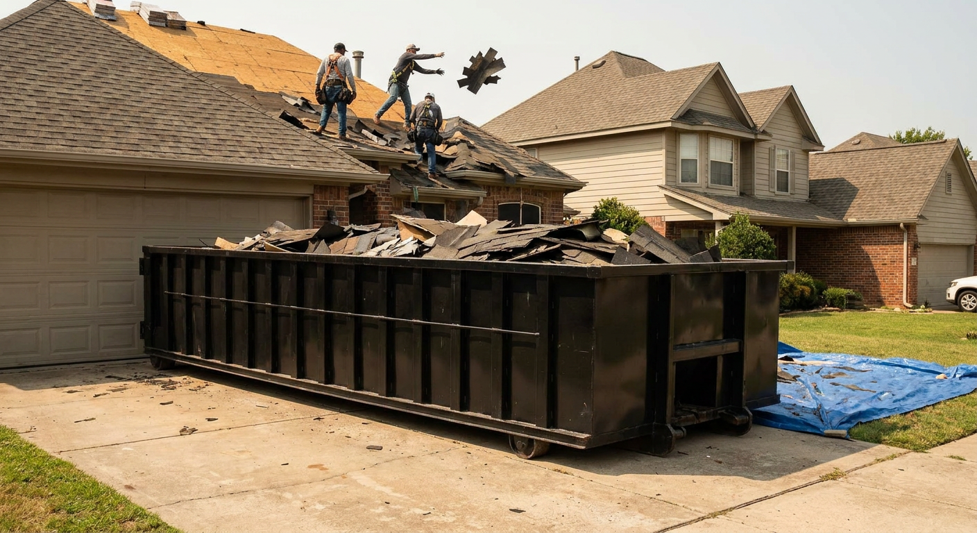 Matte-black roofing roll-off dumpster placed directly on a Millbrook residential concrete driveway, a tear-off crew on a two-story asphalt-shingle roof tossing shingle bundles into the low-walled container, bright daylight, documentary 35mm perspective.