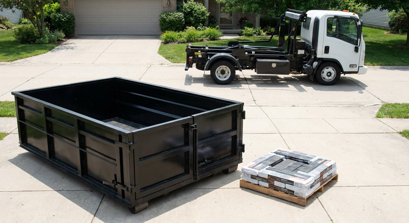 Matte-black 15-yard roofing roll-off dumpster with reinforced low side walls sitting directly on a Millbrook residential concrete driveway, three-tab asphalt shingle bundles stacked nearby, an unmarked white hauler truck partially visible at the edge of the frame.
