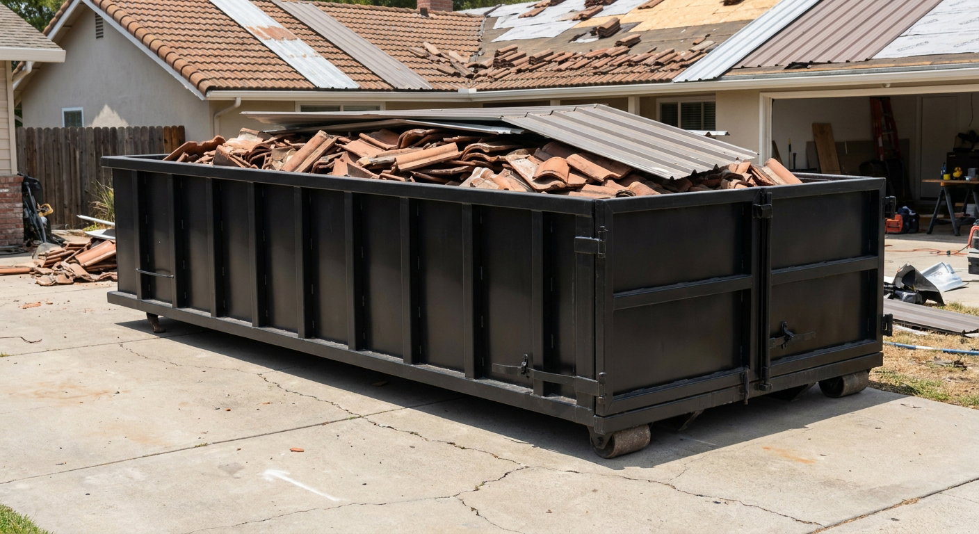 Matte-black low-wall heavy-debris roofing roll-off dumpster sitting directly on a Millbrook concrete driveway, broken concrete clay roof tiles and metal panel sections loaded inside, reinforced ribbed steel side walls visible, bright outdoor daylight.