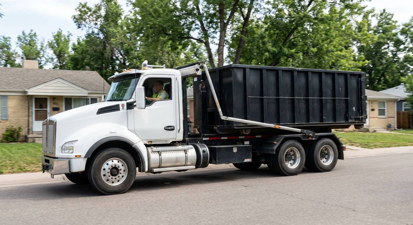 A wide documentary shot of a matte-black roll-off delivery truck pulling onto a quiet Millbrook residential street at mid-morning, with neighborhood rooftops and tree-lined blocks visible behind, showing the metro coverage footprint.