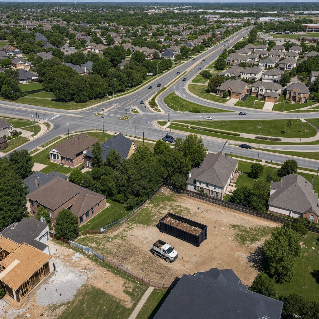 An overhead documentary view of the Millbrook metro area at midday, showing the spread of neighborhoods, arterial roads, and the dispatch radius from a central yard — clean daylight, organized geographic layout.