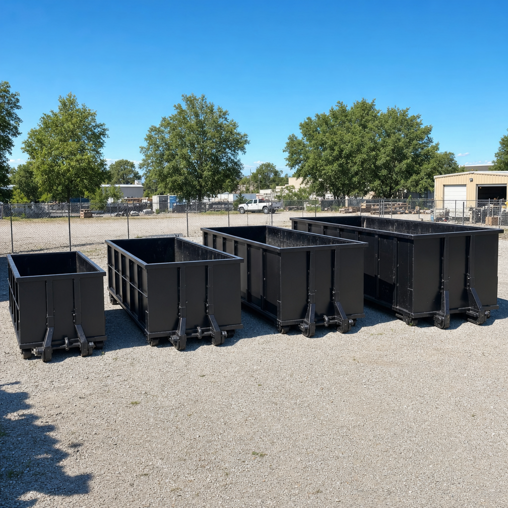 A clean lineup of matte-black roll-off dumpsters in 10, 20, 30, and 40-yard sizes staged on a sunlit gravel yard in Millbrook, showing the size progression from compact to commercial-scale containers.