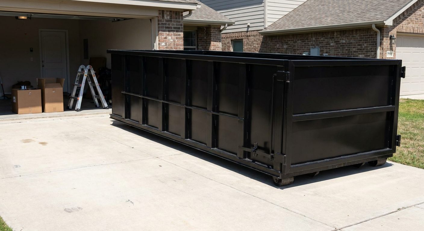 A matte-black 10-yard roll-off dumpster sitting directly on a residential Millbrook concrete driveway, mid-day sunlight, clean and ready for a garage cleanout.
