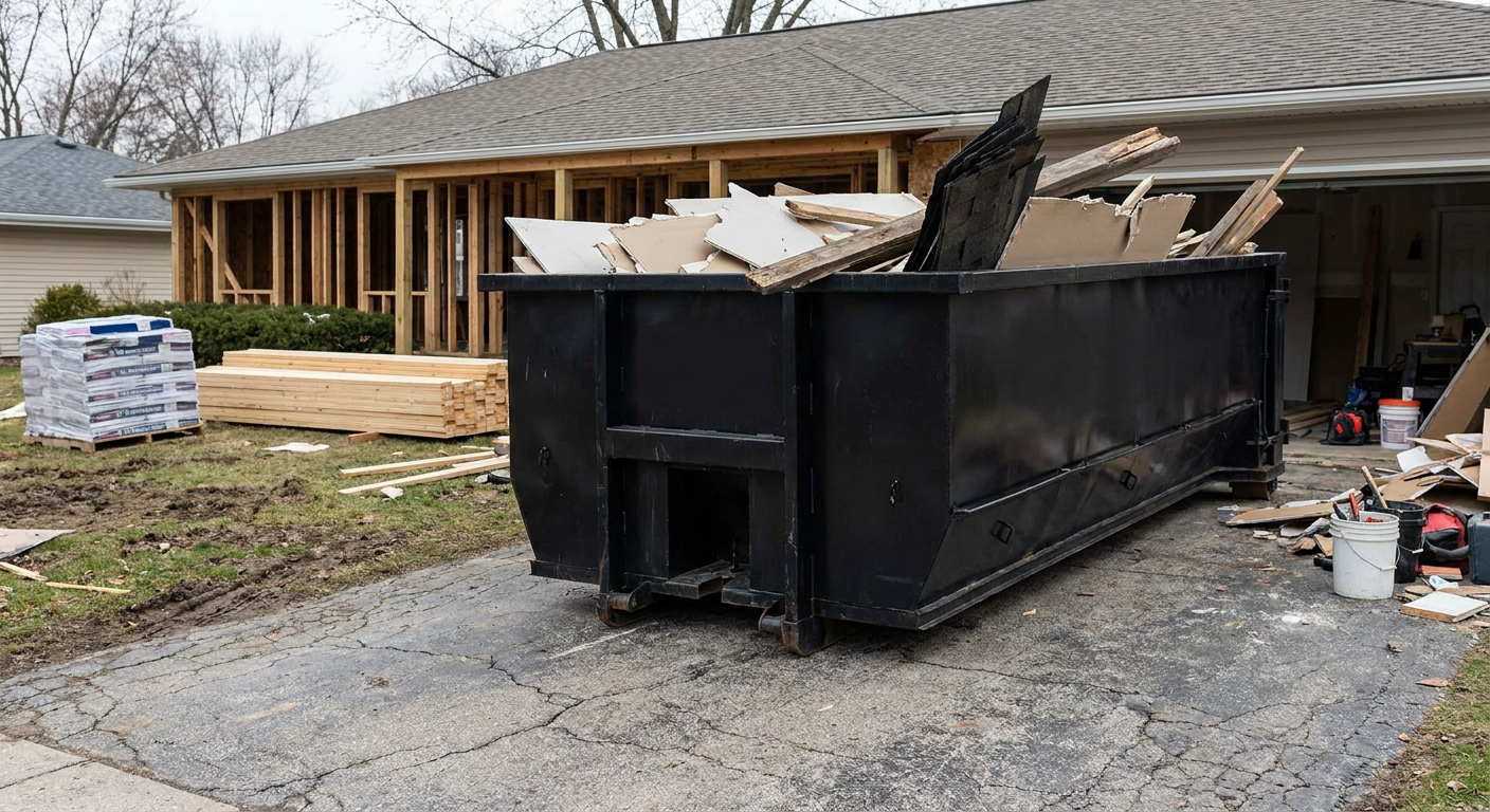 A matte-black 20-yard roll-off dumpster placed alongside a mid-renovation Millbrook home directly on the asphalt driveway, with framing materials and torn-off shingles staged neatly nearby.