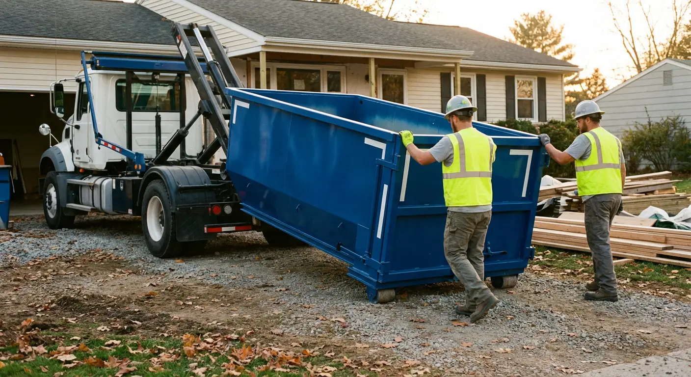 Construction dumpster delivery truck in action in Millbrook, AL