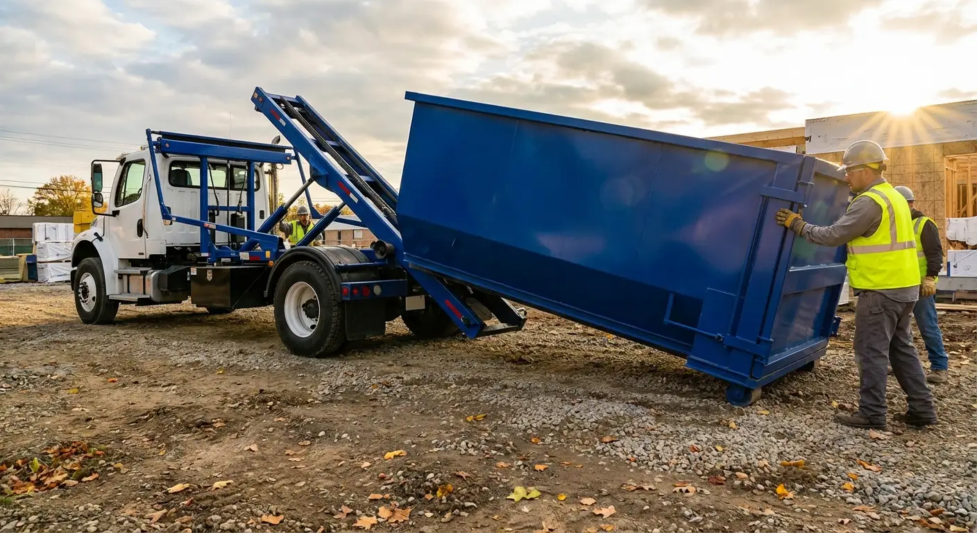 Construction dumpster delivery truck at job site in Millbrook, AL