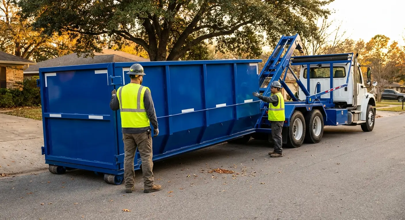 Roll-off dumpster delivery truck in operation in Millbrook, AL