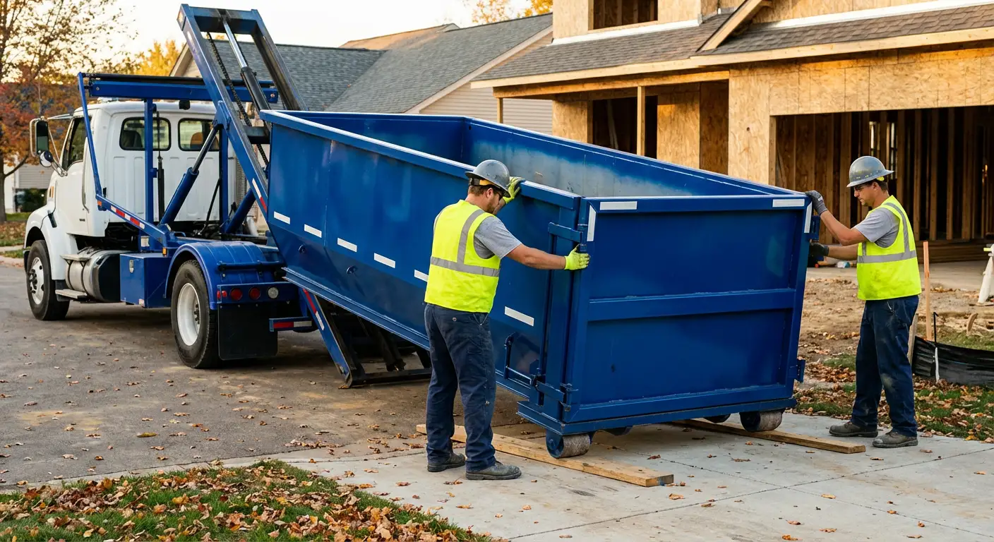 Roll-off dumpster delivery truck in residential area in Millbrook, AL