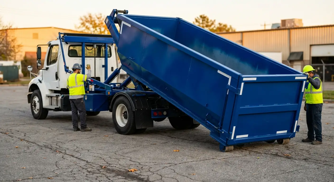 Roll-off dumpster rental truck protecting driveway surfaces in Millbrook, AL