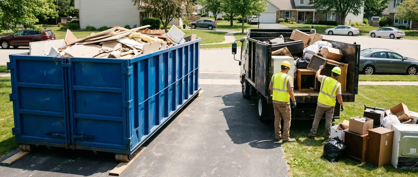 Dumpster rental versus junk removal service comparison showing capacity differences in Millbrook, AL